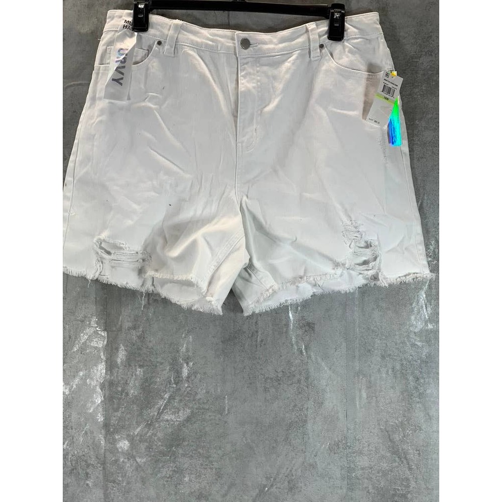 Tinseltown Juniors' Plus Vivid White Distressed Denim High-Rise Mom Shorts SZ18W